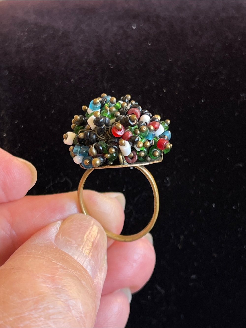 Vintage Beaded Dome Ring Brass Glass Seed Beads Size 4.5